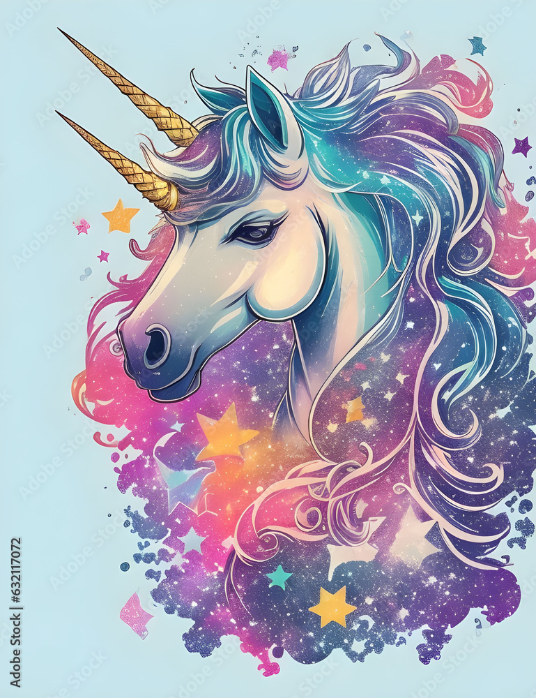 Naklejka premium Unicorn vector illustration in the galaxy. Generative ai.