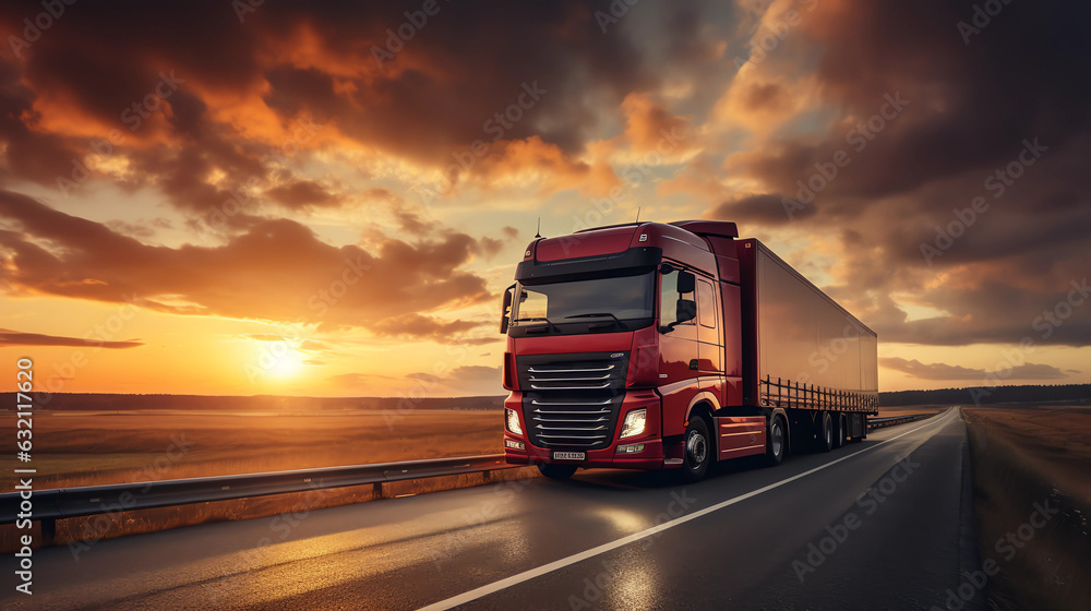 truck on the track, motorway. sunrise or sunset. the car makes international cargo transportation