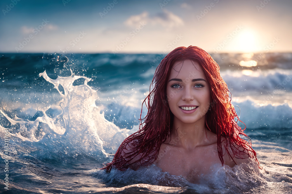 A young beautiful smiling girl with red hair is standing on the beach among the sea waves up to her chest in the water. The wind blows the hairstyle. Generative AI