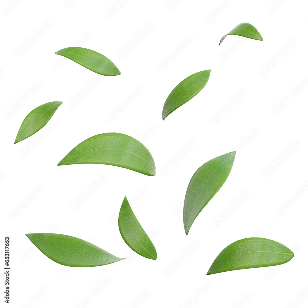 3d rendering fresh leaves falling green color 3d rendering fresh leaves falling green color