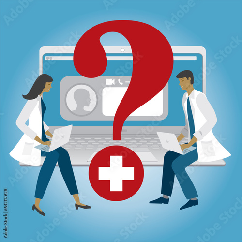 Man and woman, doctors, nurses or pharmacist in online service with patient. Vector illustration. Square composition.