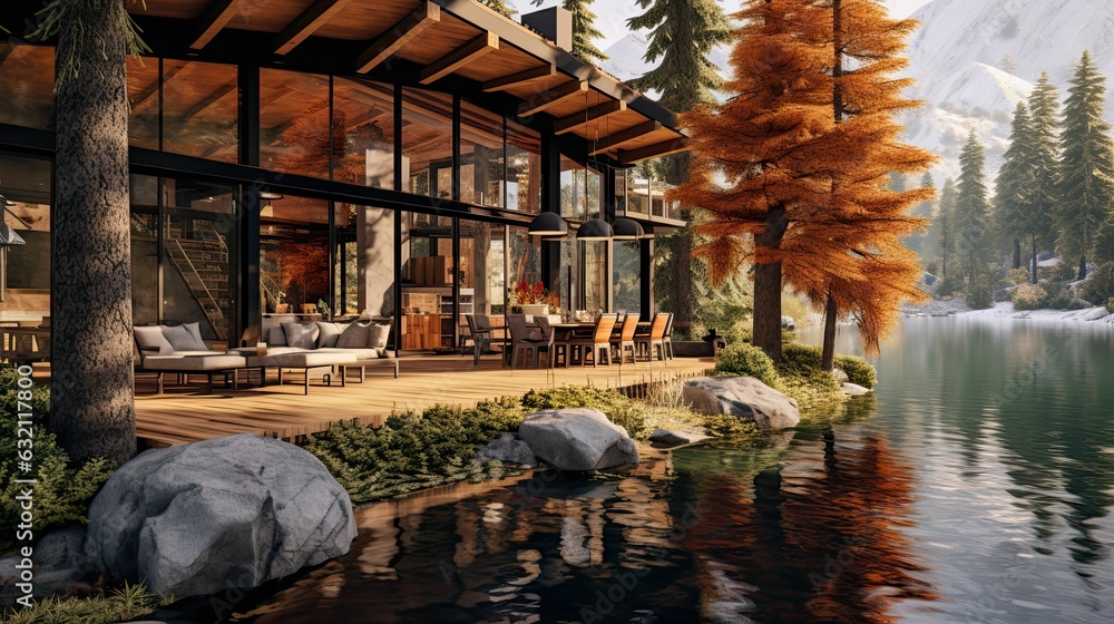 a luxurious and beautiful house exterior space, alpine view, lakeside, cabin retreat, Generated by AI 