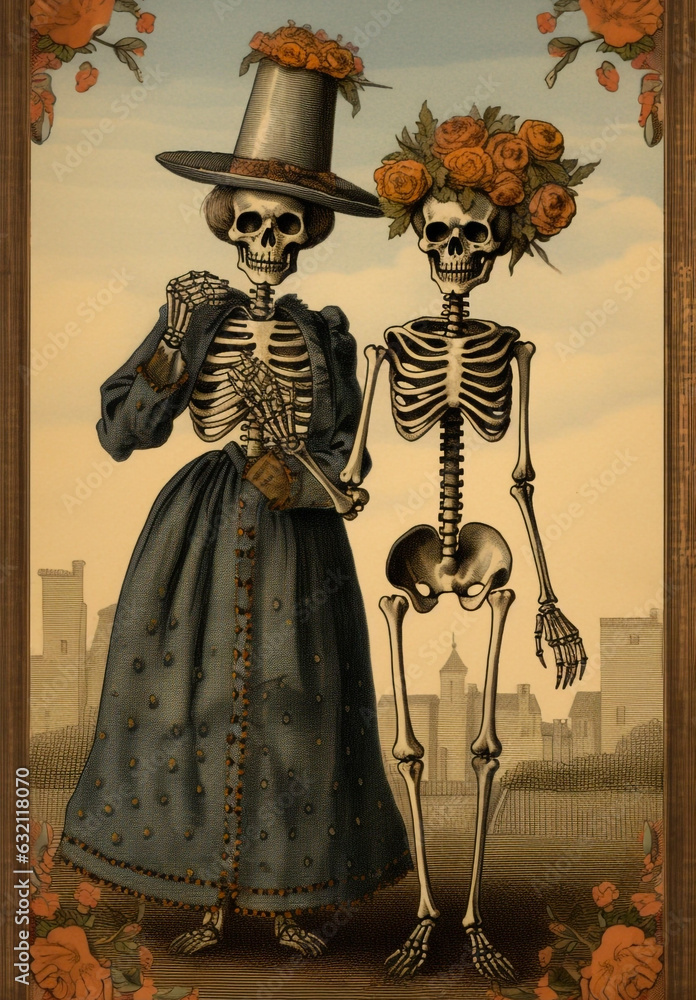 Fototapeta premium Vintage Halloween card, Ephemera illustration, Victorian Halloween Skeletons and scenes, Junk journal, Antique collage, Retro Halloween card with Skeletons family