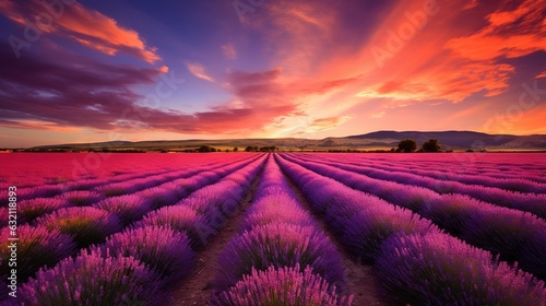  a field of lavender flowers with a sunset in the background. generative ai