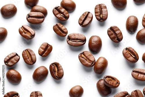 Closeup of roasted espresso beans with aroma for gourmet delights on white background isolated