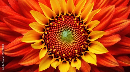  a close up view of a bright red and yellow flower.  generative ai