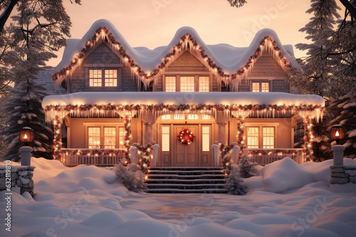 A Beautiful Exterior Design of a House during the Christmas Event, Lot of Decorations and Ornaments.