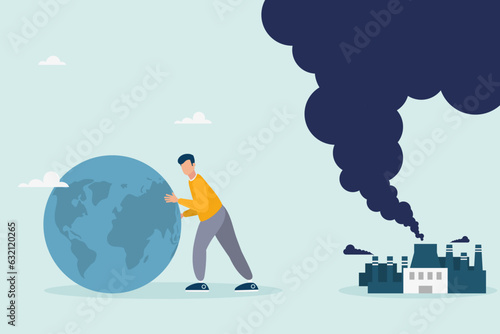 Businessman is trying to save planet earth from climate change. CO2 emissions. The concept of climate change problem. The guy is pushing the planet. Flat vector illustration