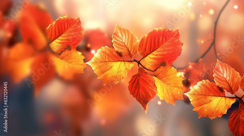 Ambiance automnale  feuilles rouges  oranges  jaunes  dor  s sur les branches d un arbre. Arri  re-plan de flou et lumi  re. Automne  feuilles mortes. Pour conception et cr  ation graphique