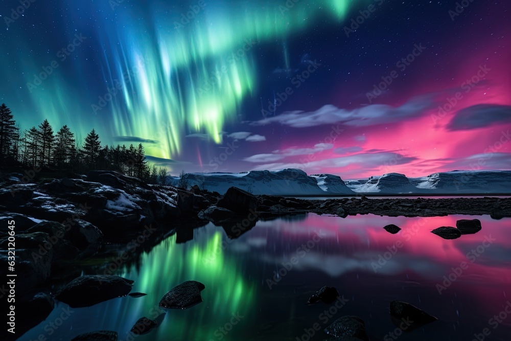 Amazing Shot of the Northern Lights, Insane Reflections over the Lake of the Colorful Sky.