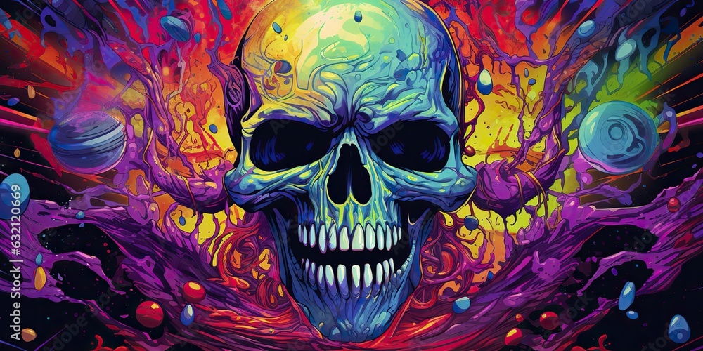AI Generated. AI Generative. Vintage retro color bright acid colors psychedelic human skull skeleton face head. Poster decoration. Can be used for t-shirt design print