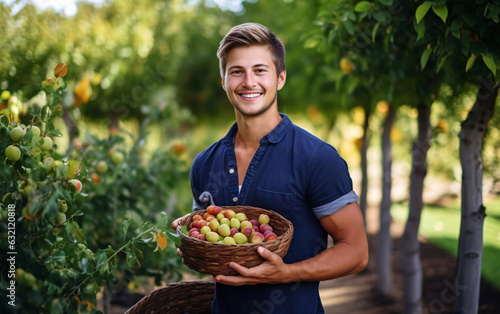 Happy young man gardener with harvested vegetables in basket in backyard, Autumn harvest concept