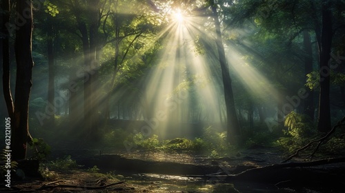  a sunbeam in the middle of a forest filled with trees.  generative ai