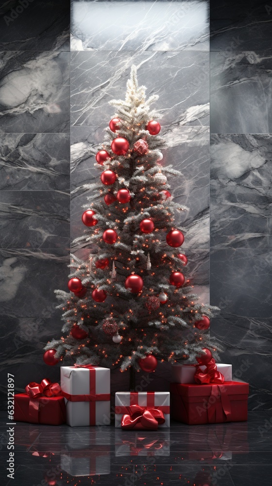 Big Christmas Tree over a Black Marble Background, some Gifts inside the Boxes.