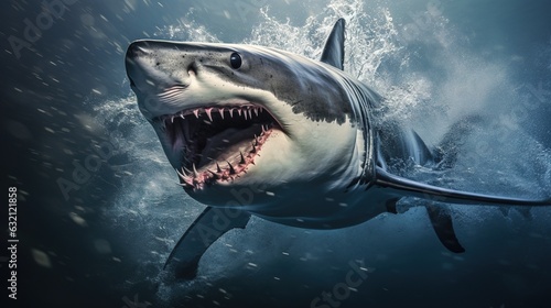  a great white shark with its mouth open in the water.  generative ai