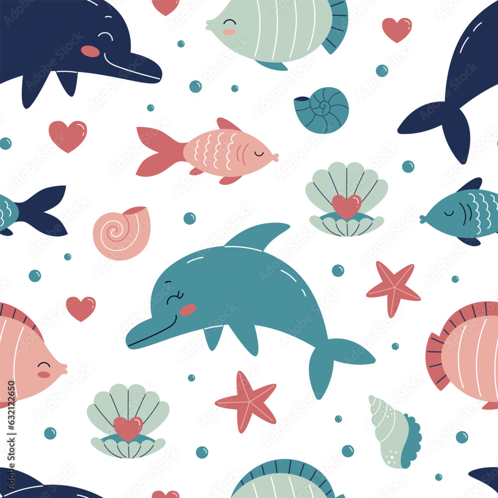 Seamless pattern with marine animals, plants and shells on a white background. Sea texture for packaging, baby clothes, paper, scrapbooking. Vector cartoon illustration