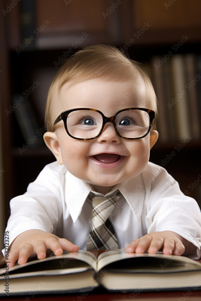 funny baby with tie and glasses reading a book. intellectual pose and early reader funny baby with tie and glasses reading a book. intellectual pose and early reader