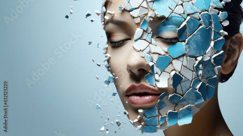 woman face broken in pieces. skin care and facial regeneration and rejuvenation photo
