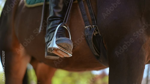 Close-up female leg in boots placing foot in stirrup outdoors. Closeup unrecognizable professional woman on back of graceful animal in paddock on sunny day photo