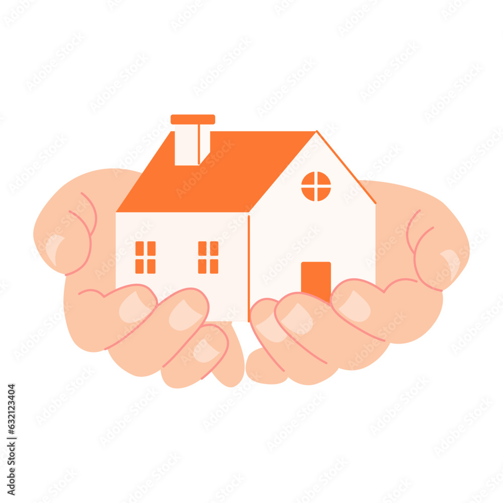Vector real estate concept in flat style - hands holding house - sell house icon. Housewarming celebration. Special event concept Vector real estate concept in flat style - hands holding house - sell house icon. Housewarming celebration. Special event concept