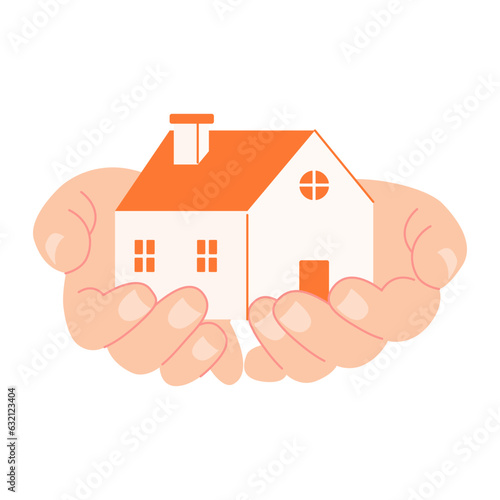 Vector real estate concept in flat style - hands holding house - sell house icon. Housewarming celebration. Special event concept