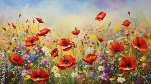  a painting of red poppies and daisies in a field.  generative ai