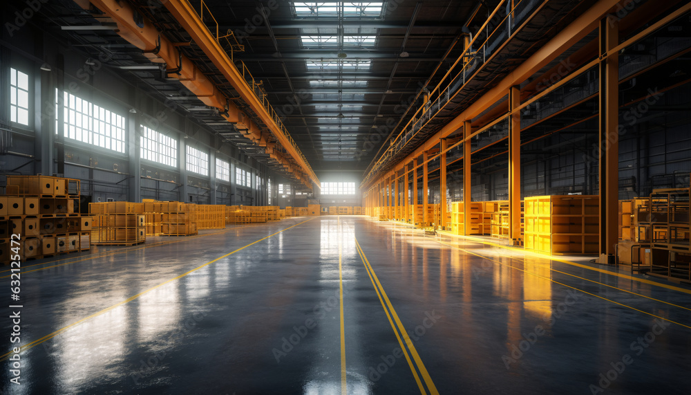 Modern warehouse with racks, boxes and containers, AI generated