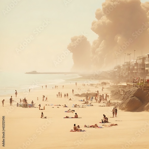 A beachfront, with a few people enjoying the sun, but the air is heavy with dust
