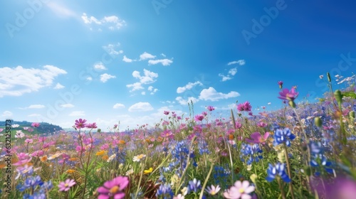 beautiful flowers bloom with blue sky in the spring field, soft focus, generative ai.