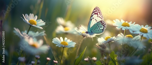 beautiful flowers bloom with a butterfly in the spring field, soft focus, generative ai.