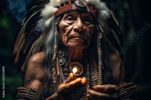 Apache Indian shaman is a native American man. The concept of Columbus day and the discovery of America. Portrait photo