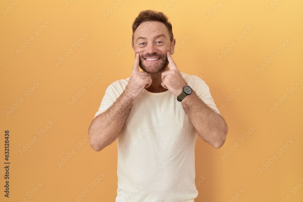 Middle age man with beard standing over yellow background smiling with open mouth, fingers pointing and forcing cheerful smile Middle age man with beard standing over yellow background smiling with open mouth, fingers pointing and forcing cheerful smile