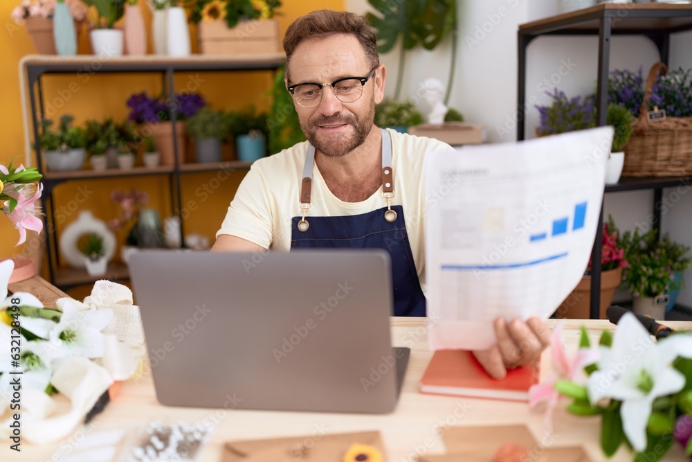 Middle age man florist using laptop reading document at flower shop Middle age man florist using laptop reading document at flower shop