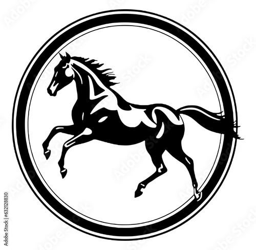 Galloping forward: Horse running an is mane and tail flutters in the wind, black round circle around 