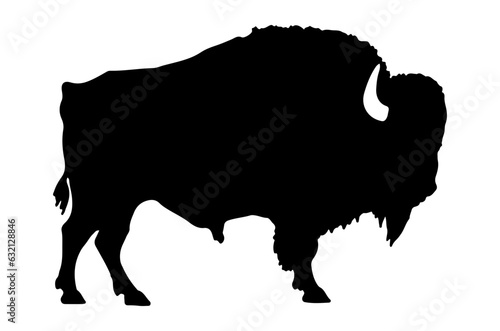 Bison bull standing still, black and white silhouette design, isolated against white background ¥