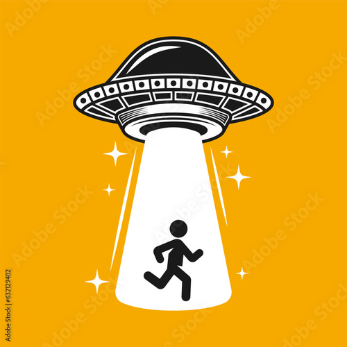 Ufo stealing human vector illustration on yellow background