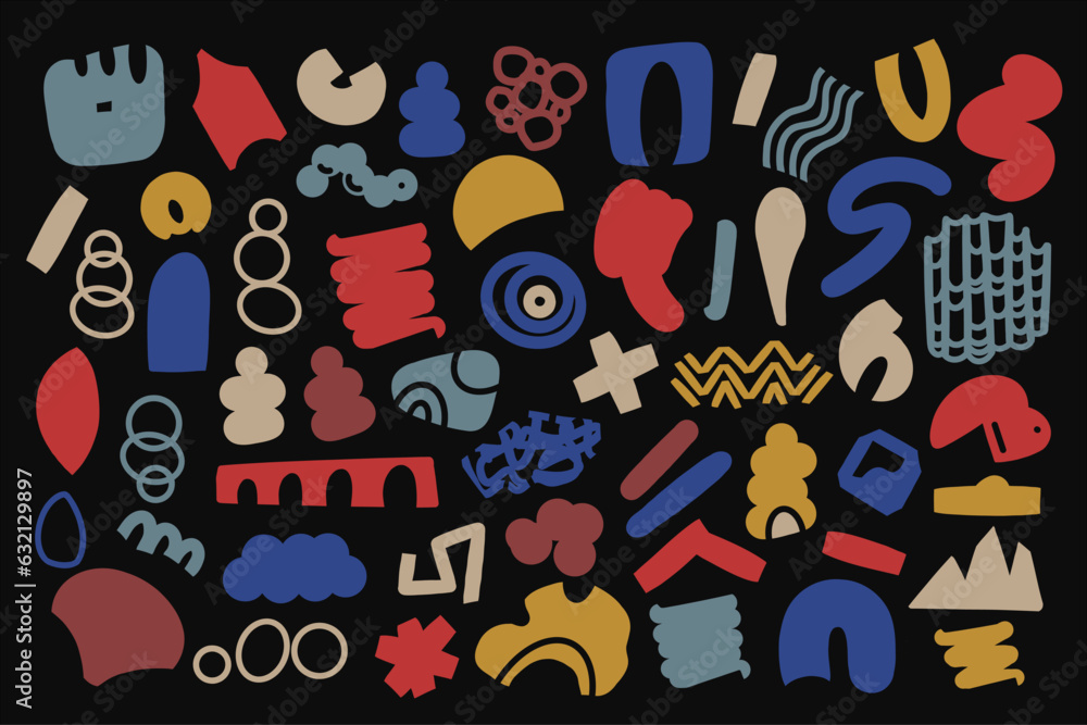 Obraz premium Set of hand drawn various shapes and doodle objects silhouettes. Abstract contemporary modern trendy vector illustrations. Coloful palette. All elements are isolated.