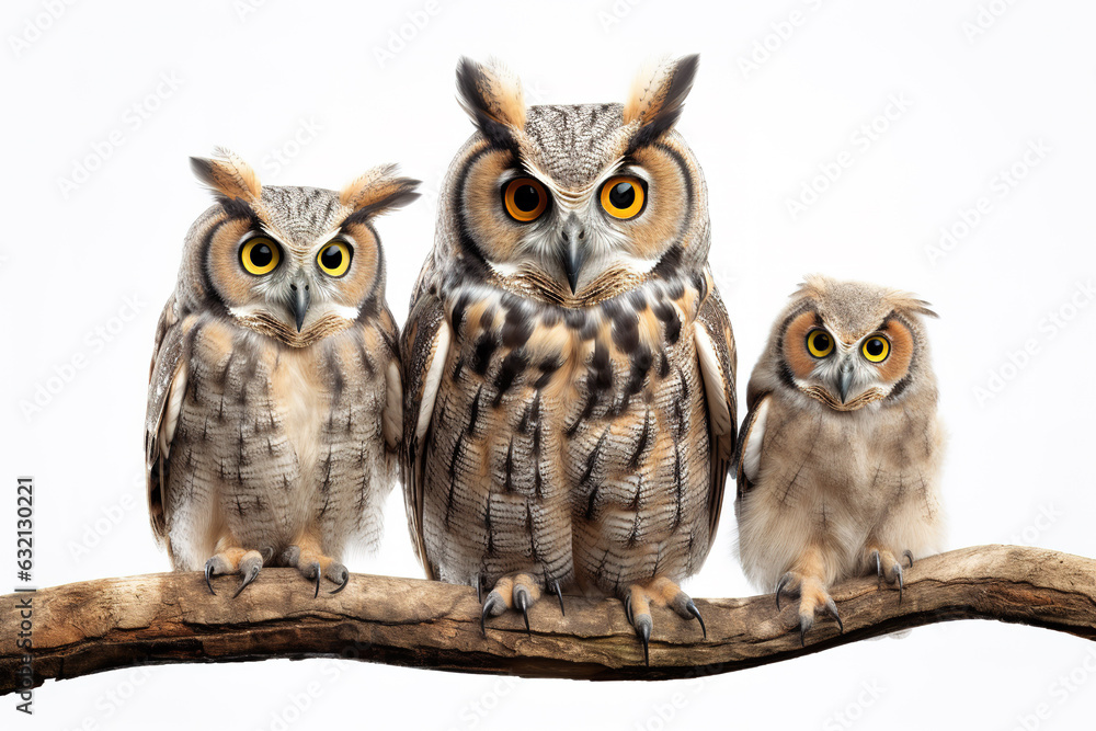 Fototapeta premium Image of group of barred eagle-owl on a branch on a white background. Birds. Animals. Illustration, Generative AI.