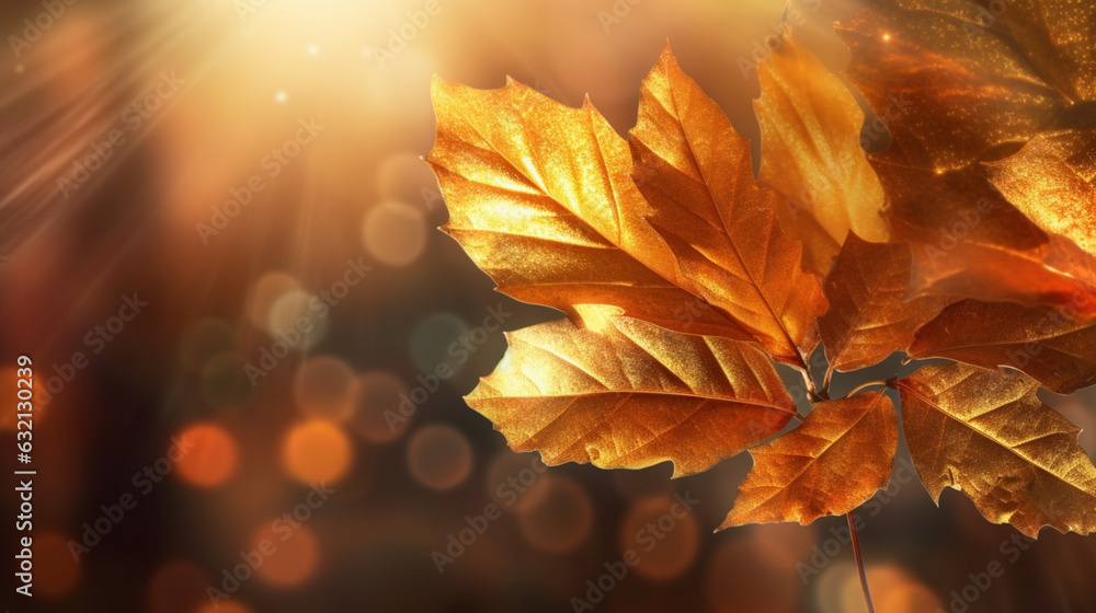 Ambiance automnale et magique, feuilles dorés et or sur les branches d'un arbre. Arrière-plan de flou et lumière scintillante. Automne, Pour conception et création graphique Ambiance automnale et magique, feuilles dorés et or sur les branches d'un arbre. Arrière-plan de flou et lumière scintillante. Automne, Pour conception et création graphique