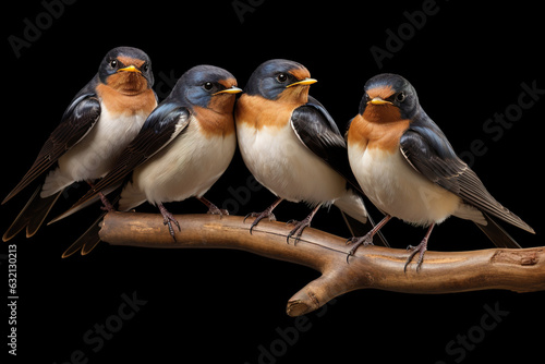 Image of group of barn swallow on a branch on a black background. Birds. Animals. Illustration, Generative AI.