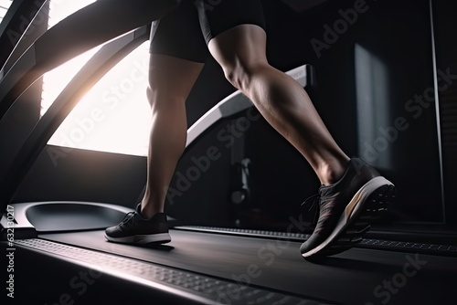 Close-up of legs running along the track on the simulator in the gym.