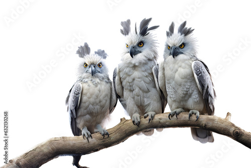 Image of group of harpy eagle on a branch on a white background. Birds. Animals. Illustration  Generative AI.