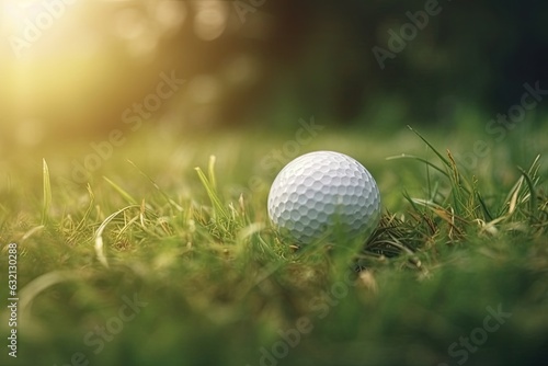 Close-up of a white golf ball with sunbeams.