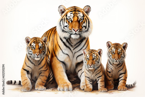 Image of group of tigers on a white background. Wildlife Animals. Illustration, Generative AI.