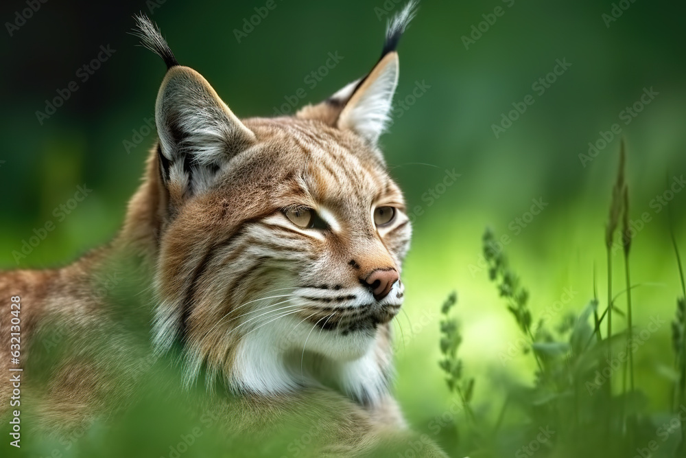 Image of lynx or bobcat resting on green pasture grass on summer. Wildlife Animals. Illustration. Generative AI. Image of lynx or bobcat resting on green pasture grass on summer. Wildlife Animals. Illustration. Generative AI.