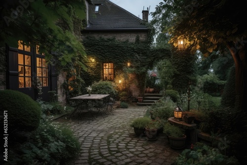 An illuminated historic home amidst lush greenery and charming streets, reminiscent of a timeless European summer evening. © Iryna