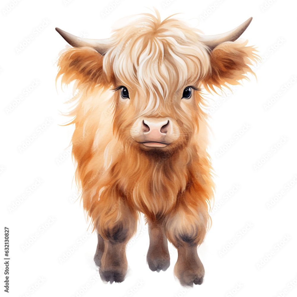 Cute highland cow front looking watercolor clipart isolated Stock ...