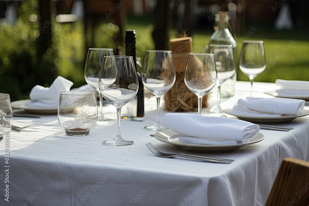 Exquisite white table setting in a restaurant on a summer terrace. Exquisite white table setting in a restaurant on a summer terrace.
