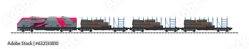 Railway freight wagons, locomotive with railway platform for timber transportation , railway and container transport banner, overland transport, vector illustration