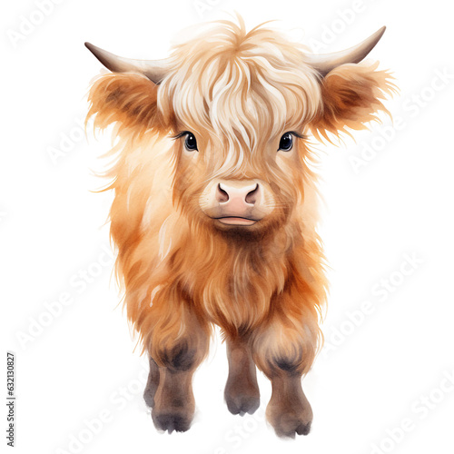 Cute highland cow front looking watercolor clipart isolated